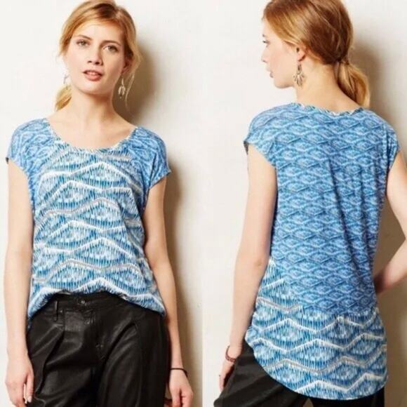 Anthropologie Akemi + Kin Blue Blouse Top Hi Low Meuse Short Cap Sleeve Small - Picture 1 of 9